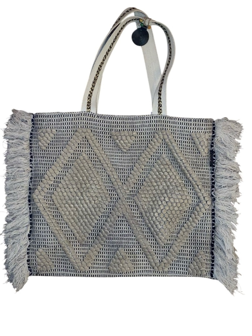CATORI TOTE Hippie Boho Style Woven Fabric with Fringe Trim Tan Brown Natural